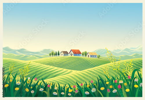 Rural summer landscape with flowers and grass in the foreground.