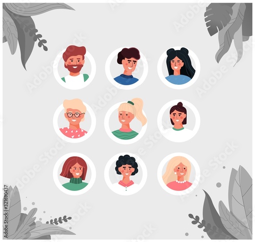 Set of portraits of different people in a flat cartoon style hand in frames - young happy women and men of different concepts for avatars isolated on a background of leaves.