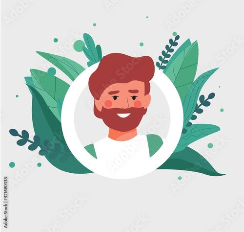 Portrait of a funny happy smiling young man with red hair and a beard in a white frame on a background of leaves for an avatar. Flat or cartoon illustration in hand style vector.