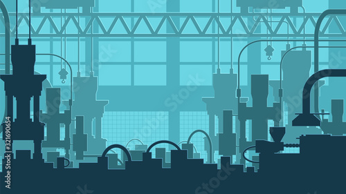 General view of the factory's industrial premises from the inside. Flat style, blue tones. Injection molding machines and hydraulic presses. For your design. Production of parts by pressing.