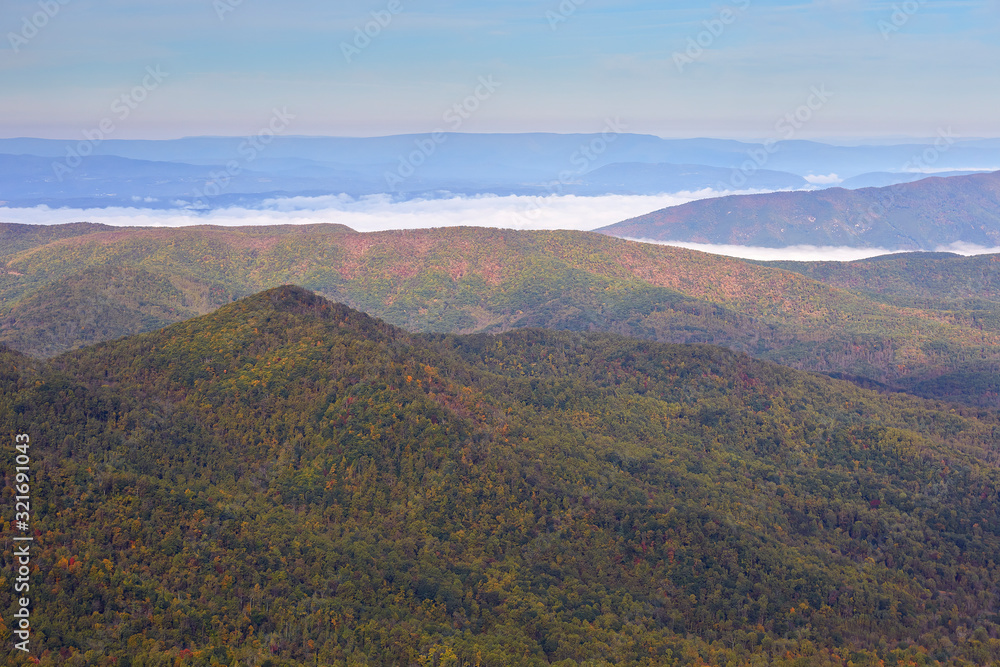 Scenic view from the summit of Flat Top mountain, located in the Blue Ridge mountains near Bedford, Virginia