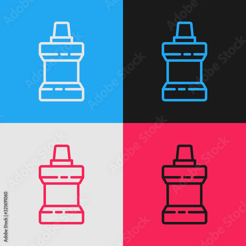 Color line Mouthwash plastic bottle icon isolated on color background. Liquid for rinsing mouth. Oralcare equipment. Vintage style drawing. Vector Illustration