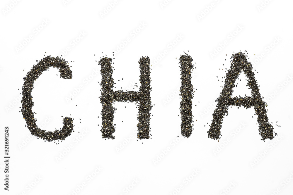 Written word Chia from seeds on a white background Written word Chia from seeds on a white background