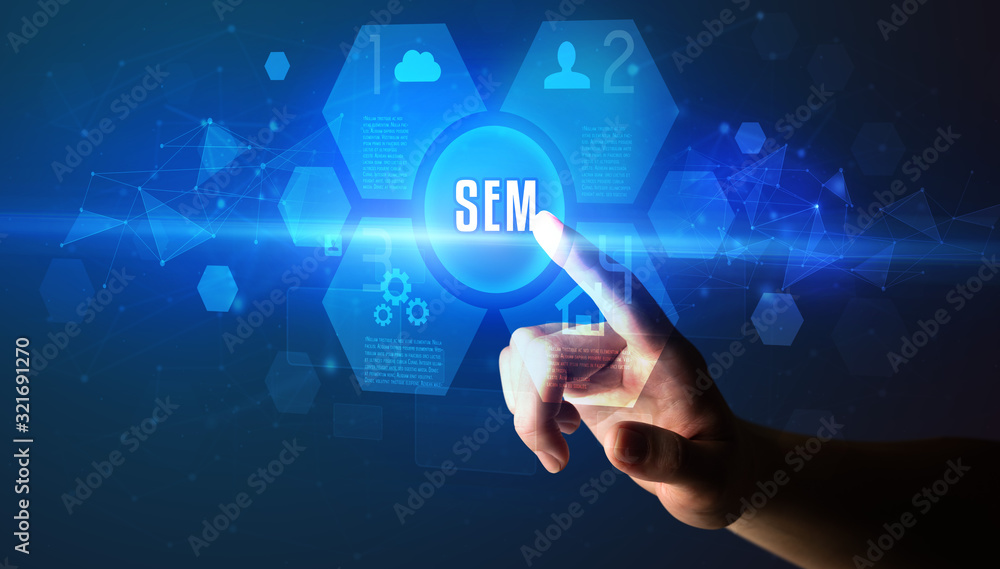 Hand touching SEM inscription, new technology concept Hand touching SEM inscription, new technology concept