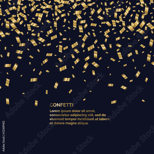 Gold confetti is falling. Abstract background with particles. Template for placing text for the celebration.