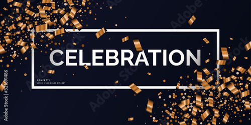 Gold confetti is falling. Abstract background with particles. Template for placing text for the celebration.