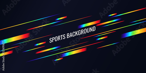 Modern colored poster for sports. Geometric composition and dynamic rainbow lines on a dark backdrop.