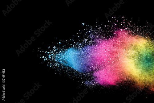 Closeup of blue dust particle splash isolated on white background