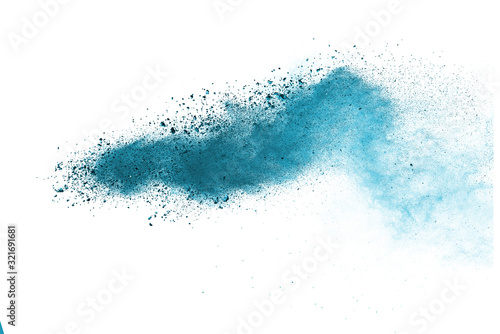 Blue sky color powder explosion on white background.
