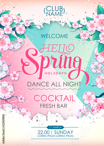 Obraz na płótnie Wiosenny plakat party z pełnymi kwiatami kwiatów. Wiosenne kwiaty w tle