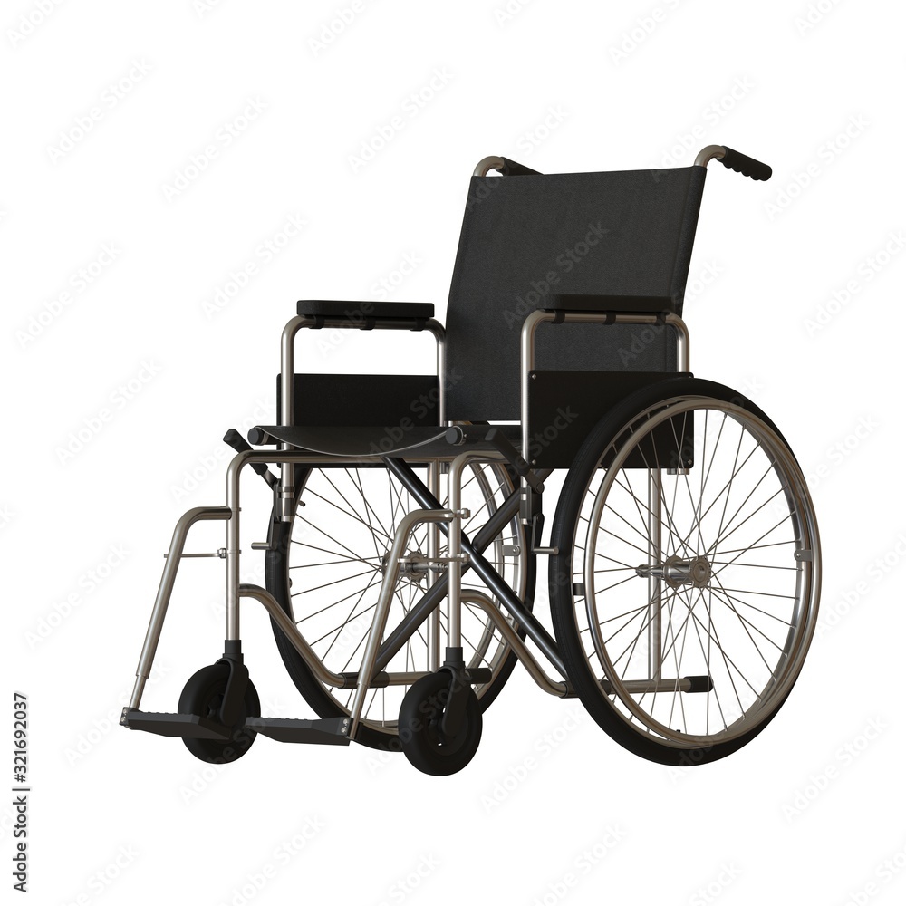 Wheelchair on a white background. Isolate. 3D rendering of excellent quality in high resolution. It can be enlarged and used as a background or texture