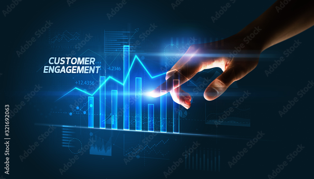 Hand touching CUSTOMER ENGAGEMENT button, business concept Hand touching CUSTOMER ENGAGEMENT button, business concept