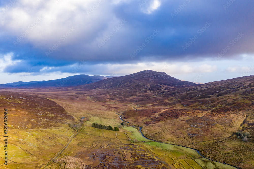 Aerial view of the bluestack mountains viewing towards Carnaween in Donegal - Ireland