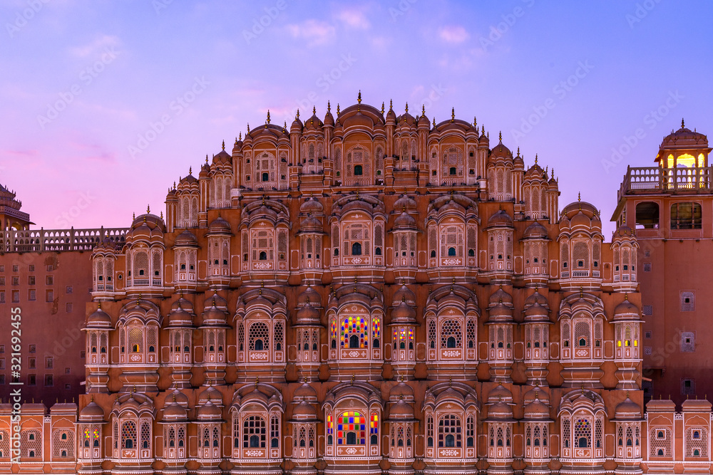 Hawa Mahal, Jaipur, Rajasthan, India, a five-tier harem wing of the palace complex of the Maharaja of Jaipur, built of pink sandstone in the form of the crown of Krishna, Palace of the Winds