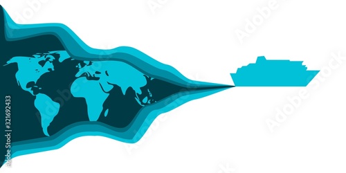 Cruise ship with trail. Paper cut style. World map
