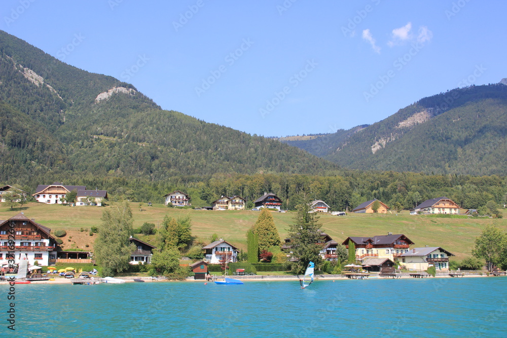 lakeside village in mountains