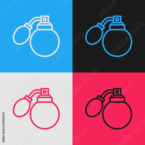 Color line Aftershave bottle with atomizer icon isolated on color background. Cologne spray icon. Male perfume bottle. Vintage style drawing. Vector Illustration