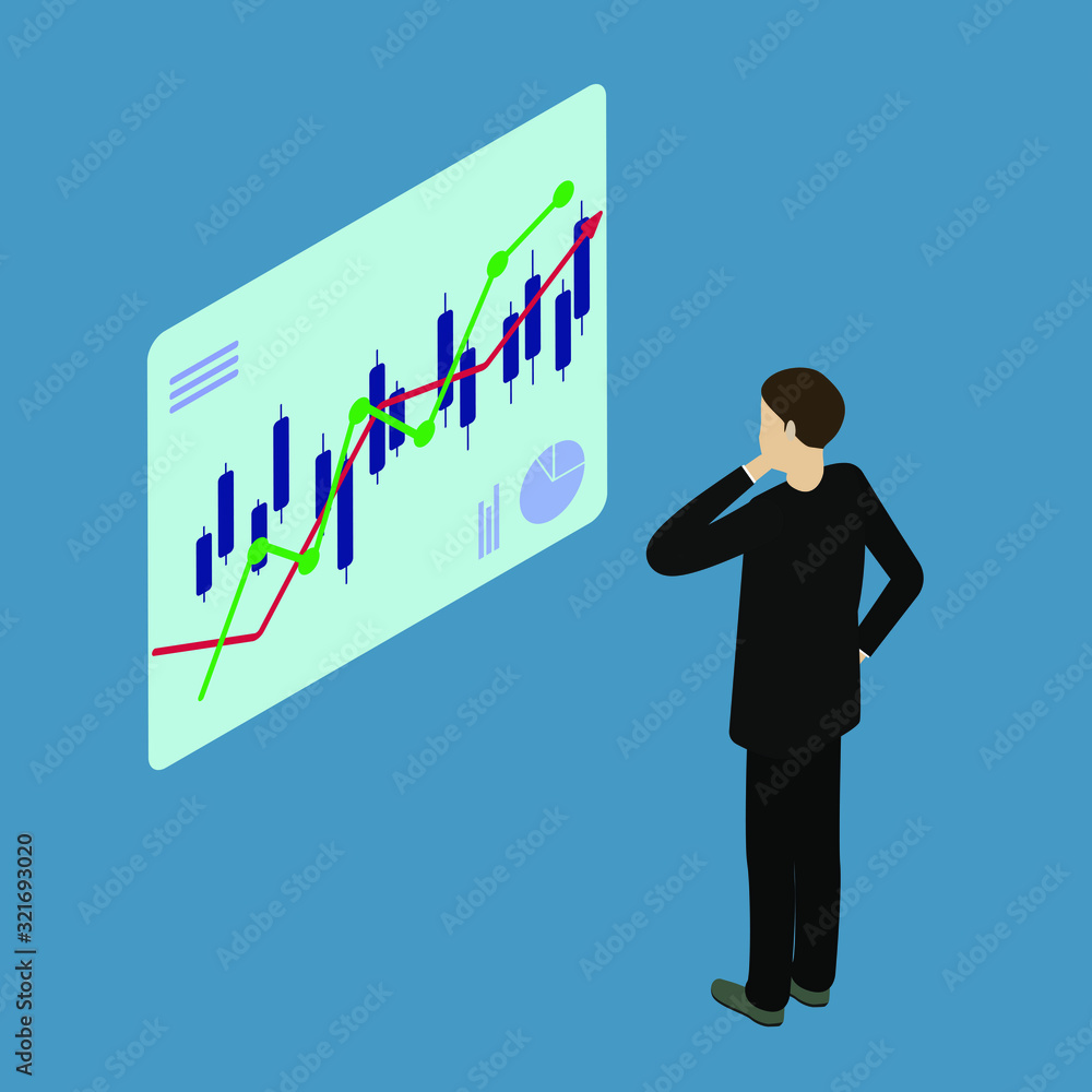 Businessman and stock market trading graph, exchange in isometric view on a blue background Businessman and stock market trading graph, exchange in isometric view on a blue background