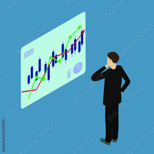 Businessman and stock market  trading graph, exchange in isometric view on a blue background © Антон Чех