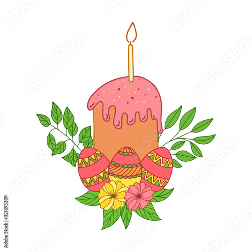 Color vector illustration. Easter cake with a candle and pink icing. Colored eggs with flowers and leaves. Elements for Easter decoration are hand-drawn and isolated on white. Floral design
