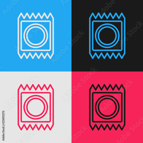 Color line Condom in package icon isolated on color background. Safe love symbol. Contraceptive method for male. Vintage style drawing. Vector Illustration