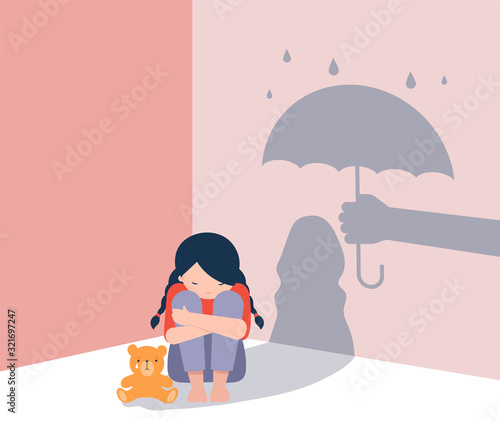 Sad little girl with teddy bear sitting on floor, shadow on the wall is a hand with umbrella protects her. Child abuse, violence against children concept design. 