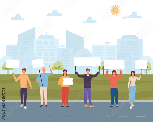 Protest People with placard on the city background. Crowd protesting people on demonstration. Flat vector illustration