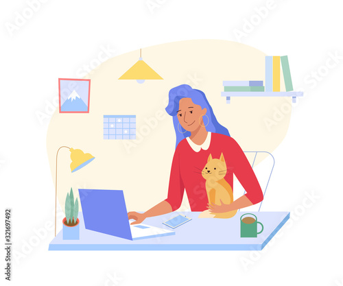 Young freelancer woman working at home with cat at his laptop. Home Office interior. Vector illustration