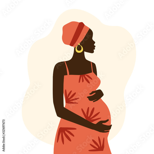 African pregnant woman in red dress isolated. Happy expectant mother. Vector illustration.