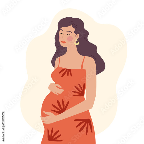 Pregnant woman in red dress isolated. Happy expectant mother. Vector illustration.