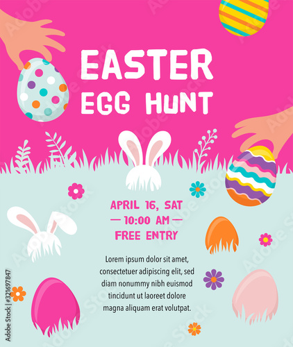 Happy Easter banner with bunny, flowers and eggs. Egg hunt poster. Spring background in modern style