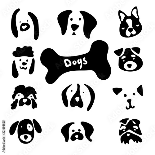 Dog breed stock set with cartoon emotions and lovely faces. Vector images of dogs head on white background for your design. Clipart stock black and white icons.