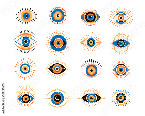 Evil eyes collection. Contemporary modern, trendy vector illustrations, home decor idea