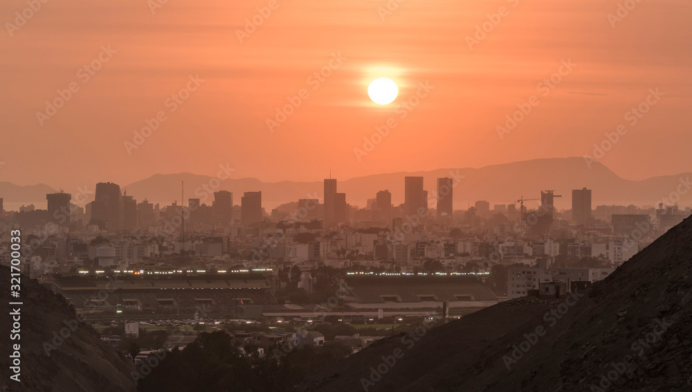 Skyline of Lima city at the sunset, in San Isidro town.