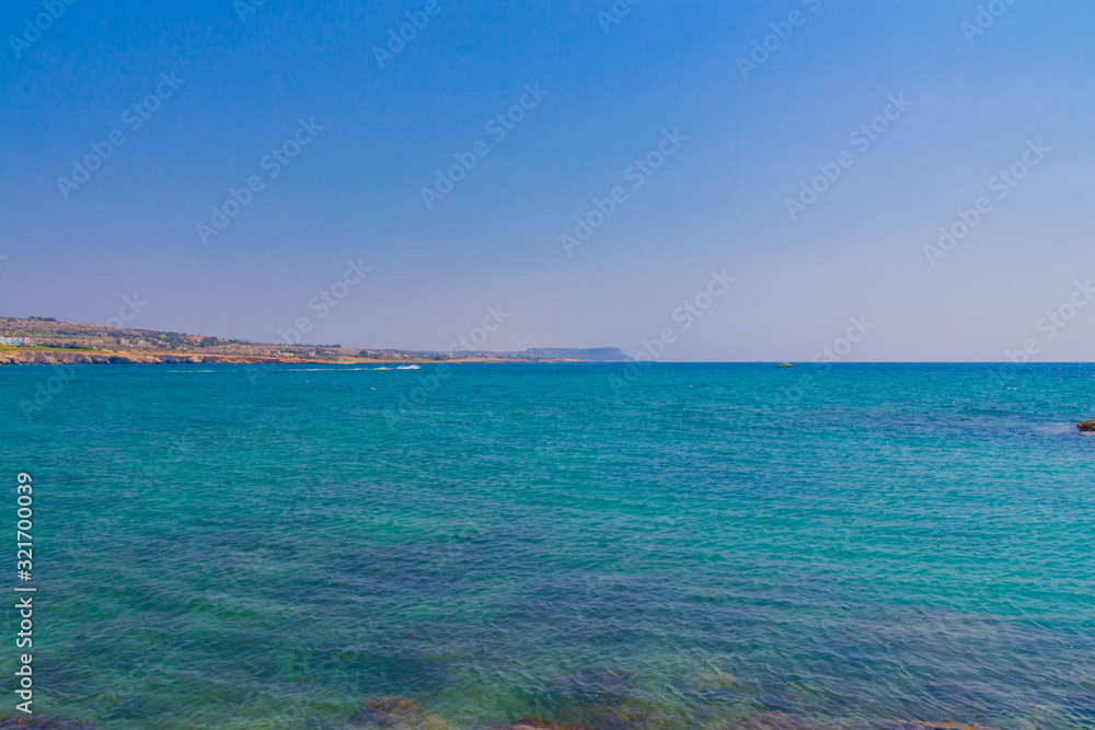 View to beaches of Agia Napa, coastline and hotels.