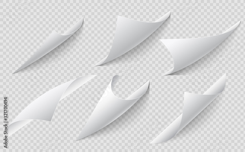 Curled page corner set. Graphic element for documents, flyers, posters, templates. Curved page corner with shadow. Set of six curled corners with transparent shadow.