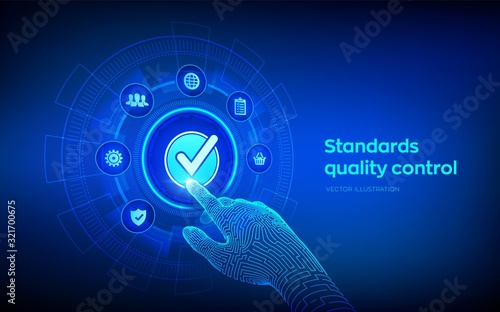 ISO standards quality control assurance warranty business technology concept. ISO standardization certification industry service concept. Robotic hand touching digital interface. Vector illustration.