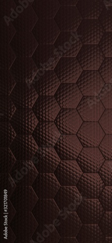 3d illustration of brown colorled and hexagonal textured metallic surface background. photo