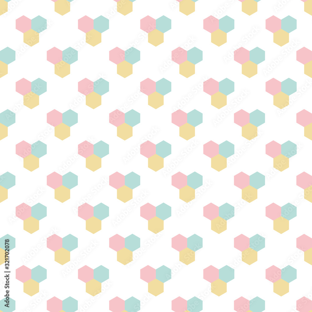 Colorful pastel hexagons seamless pattern vector background. A decorative design  with pink, blue and yellow colors on isolated white layer. For fabric, cloth, backdrop. Printable Eps 10 format.