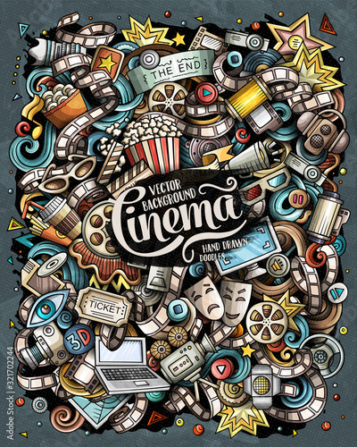 Cartoon vector doodles Cinema illustration. Movie funny picture