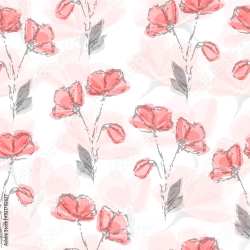 Seamless pattern of red tulips on a white background.