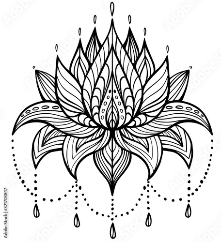 Mehndi lotus flower isolated on white. Vector illustration. Perfect for tattoo, print, coloring book. Boho and magic symbol. Indian style.