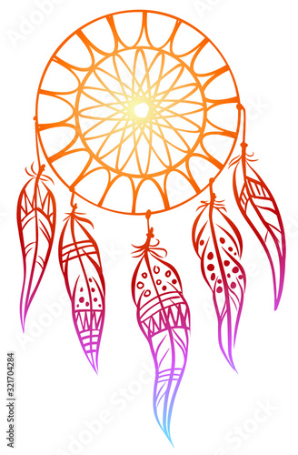 Colorful dreamcatcher and feathers isolated on white. Vector illustration. Ethnic design, boho, dreamcatcher tribal symbol.