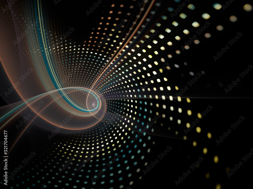 Abstract black background. Fractal graphics series. Composition of glowing lines and mosaic halftone effects. 3d illustration. Abstract black background. Fractal graphics series. Composition of glowing lines and mosaic halftone effects. 3d illustration.