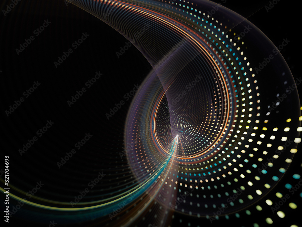 Abstract black background. Fractal graphics series. Composition of glowing lines and mosaic halftone effects. 3d illustration. Abstract black background. Fractal graphics series. Composition of glowing lines and mosaic halftone effects. 3d illustration.