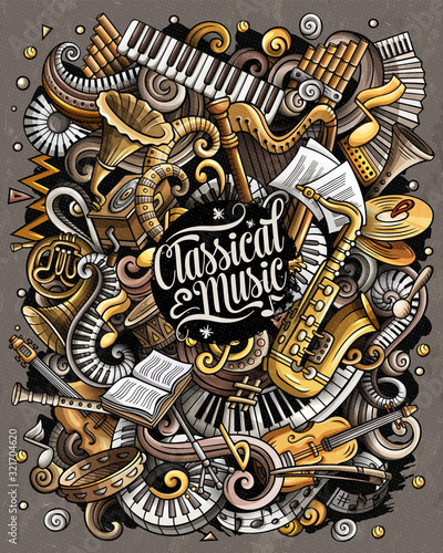 Cartoon vector doodles Classic music illustration. Bright colors musical picture