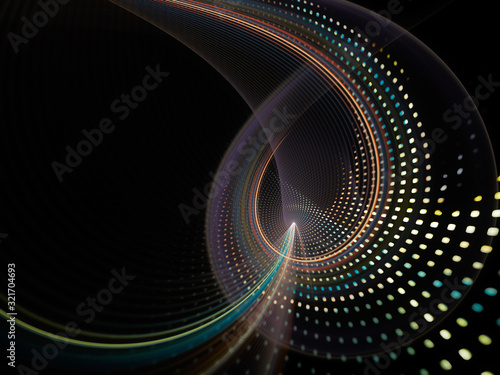 Abstract black background. Fractal graphics series. Composition of glowing lines and mosaic halftone effects. 3d illustration.