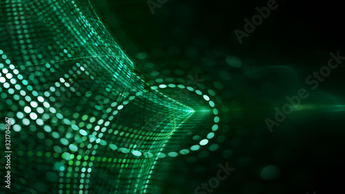 Abstract green and black background element. Fractal graphics 3d illustration. Wide format composition of grid cells and circles. Information technology concept.