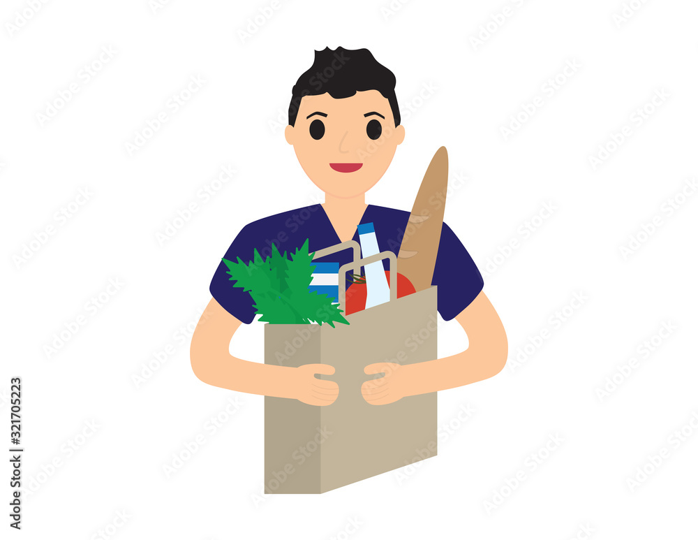 Delivery Boy Holding Paper Bag with Bread, Fruits, Vegetables, Milk, Bottles and Jars Delivery Boy Holding Paper Bag with Bread, Fruits, Vegetables, Milk, Bottles and Jars