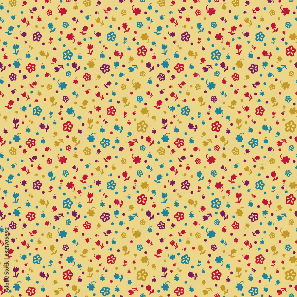Little ditsy floral seamless vector pattern in yellow red purple and blue. Girly surface print design. Little ditsy floral seamless vector pattern in yellow red purple and blue. Girly surface print design.